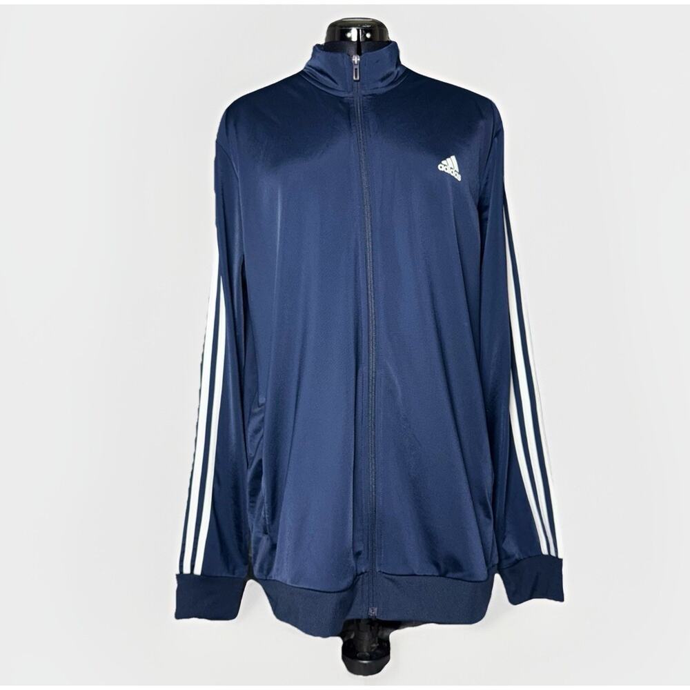 Adidas 3 Stripe Mens XLT Navy Blue Classic Satin Mock Neck Track Jacket Full Zip